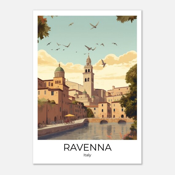 Ravenna Italy Illustrated Canal Church Tower and Birds Poster