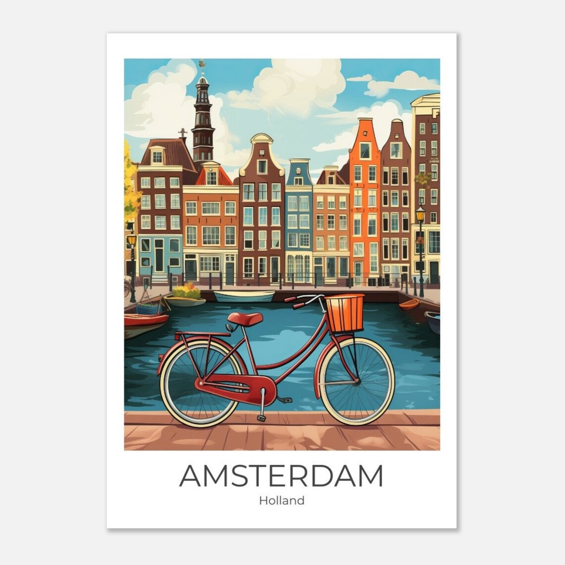 Amsterdam Holland Red Bicycle on Canal With Gabled Houses Poster