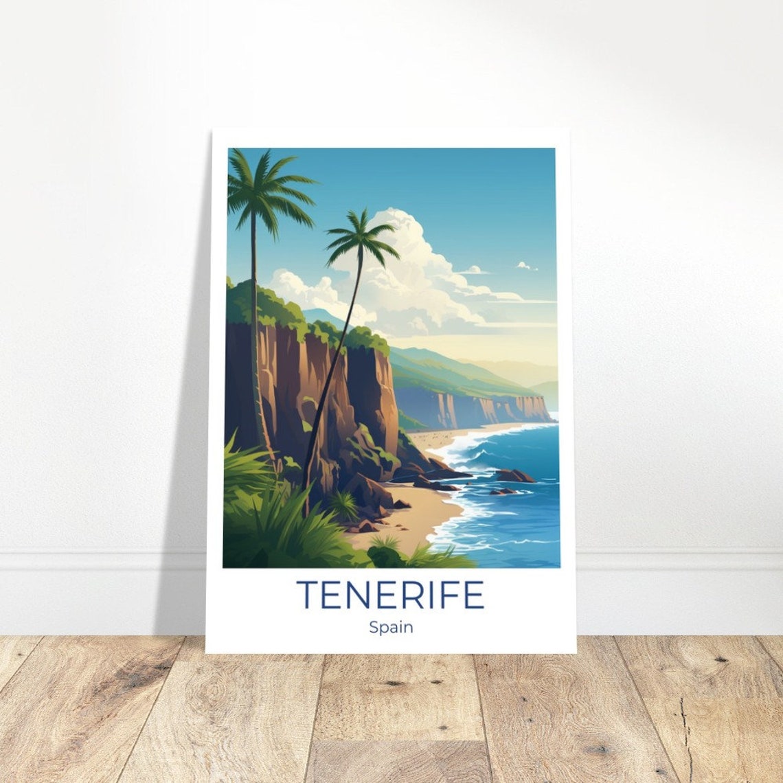 Tenerife Spain Dramatic Cliffs and Palms Above Turquoise Cove Poster