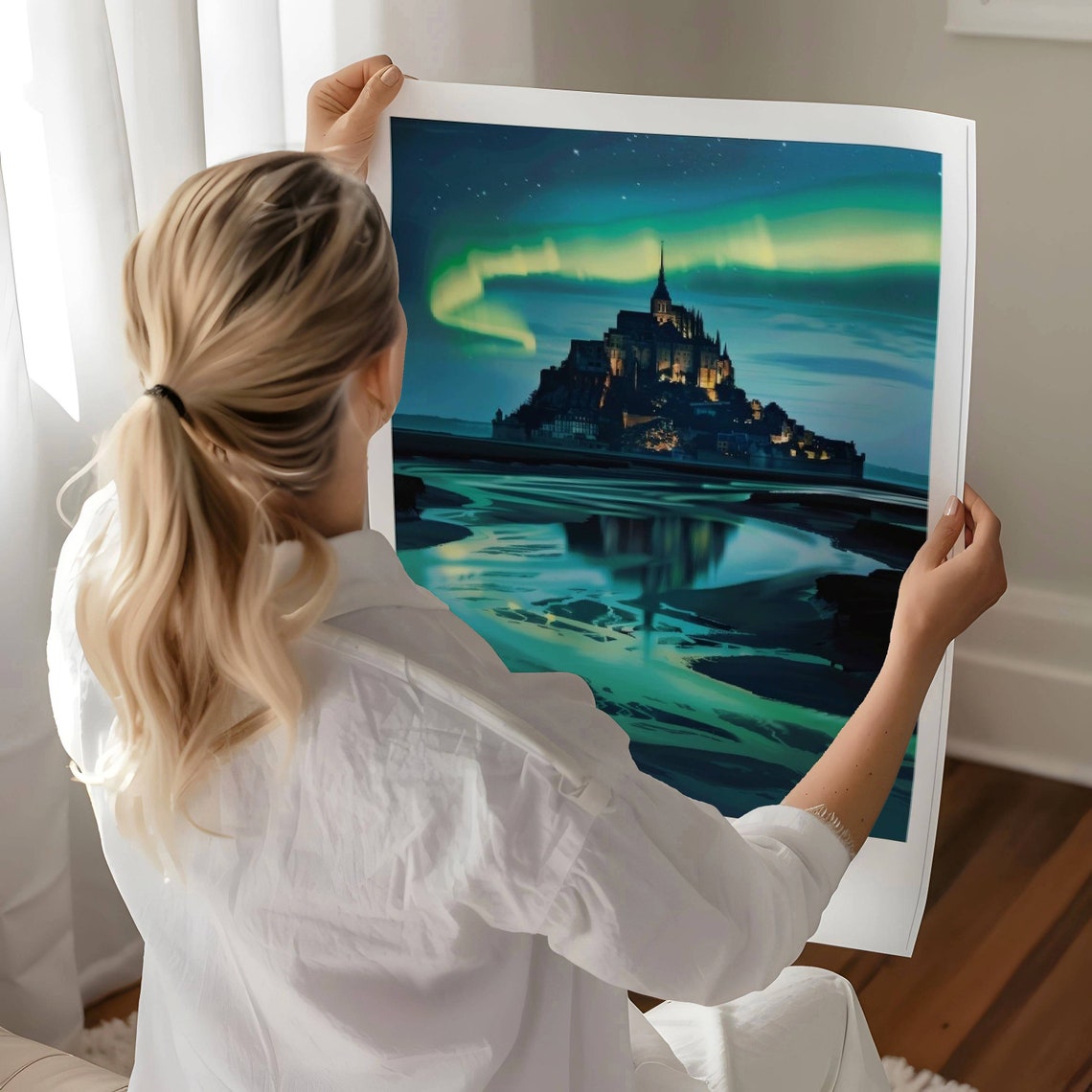 Normandy France Mont Saint Michel Under Aurora Night Sky Poster - Image 4