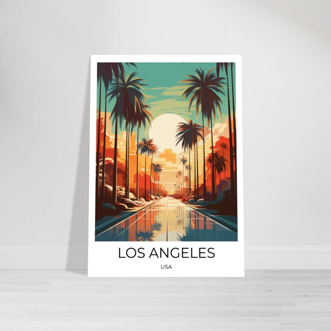 Los Angeles Palm Avenue Sunset Mirror Reflection Travel Poster