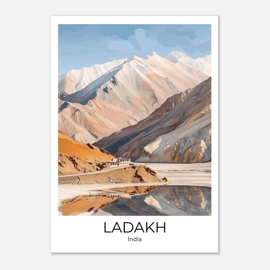 Ladakh India Himalayan Monastery Mountain Lake Reflection Scene Poster - Image 2