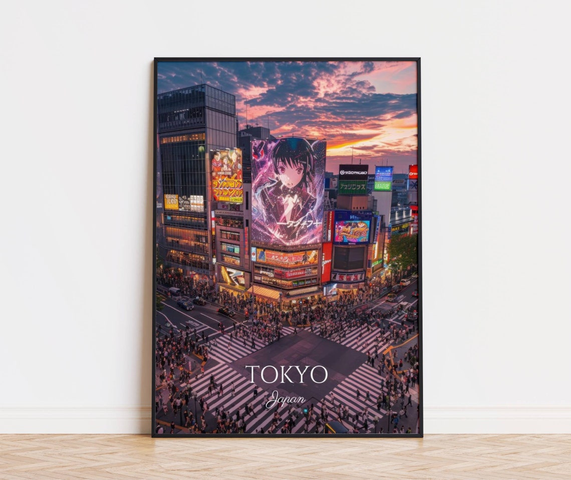 Tokyo Japan Shibuya Crossing at Sunset With Anime Billboards Poster
