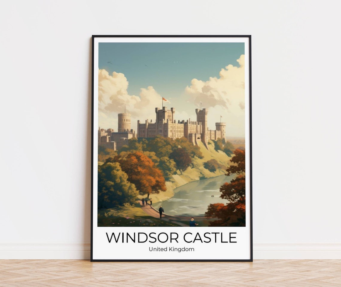 Windsor Castle England Retro Autumn River Royal Travel Poster