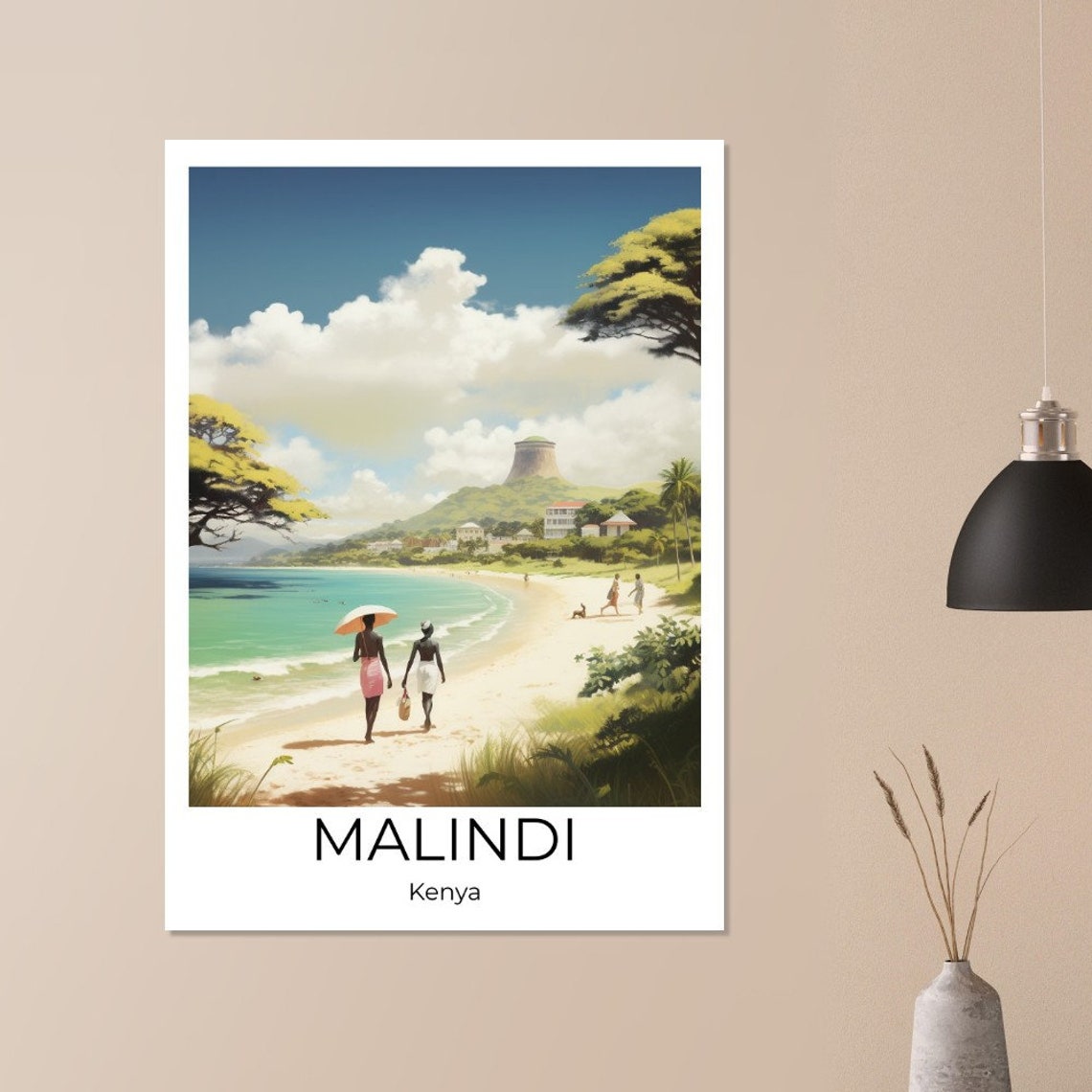 Malindi Kenya Two Women With Umbrella on Sunny White Sand Beach Poster - Image 3