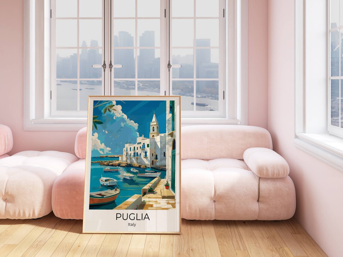 Puglia Italy Coastal Harbor Fishing Boats Sunny Travel Poster - Image 5