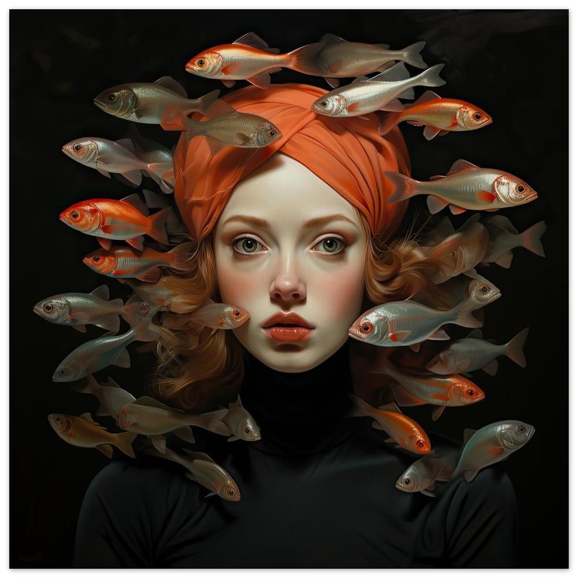 Surreal Fish Girl Portrait Wall Art Orange Turban Dark Fantasy Fish - Image 3