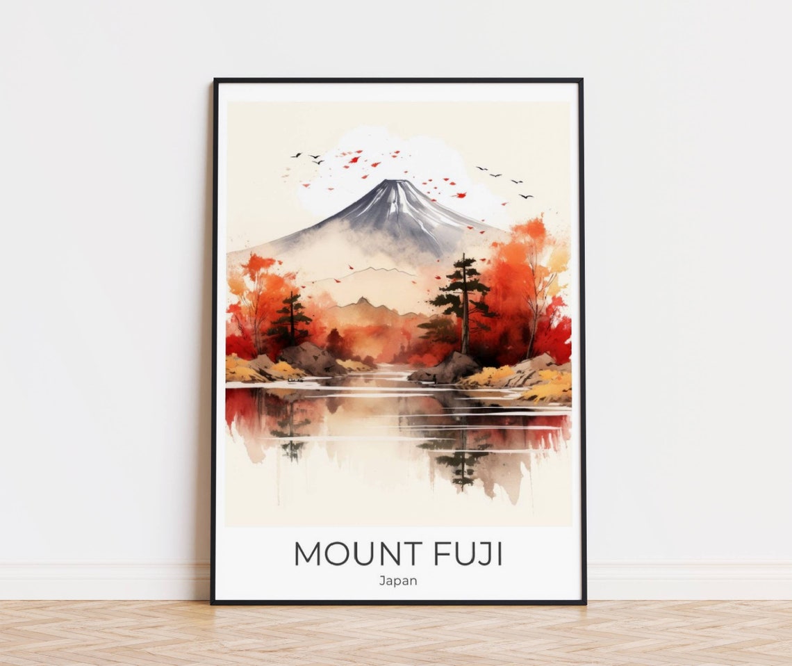 Mount Fuji Japan Autumn Maple Lake Reflection Watercolor Poster