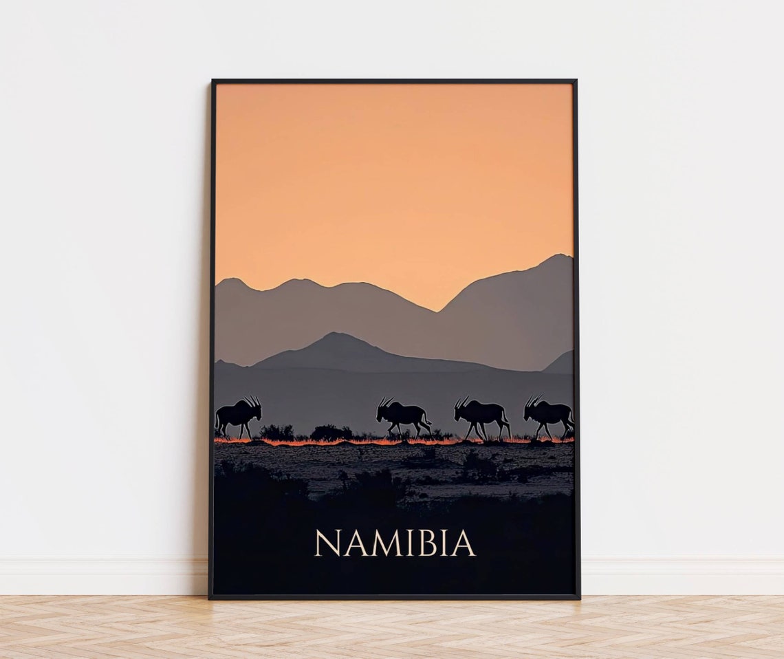Namibia Oryx Dusk Silhouette Layered Mountains Desert Travel Poster