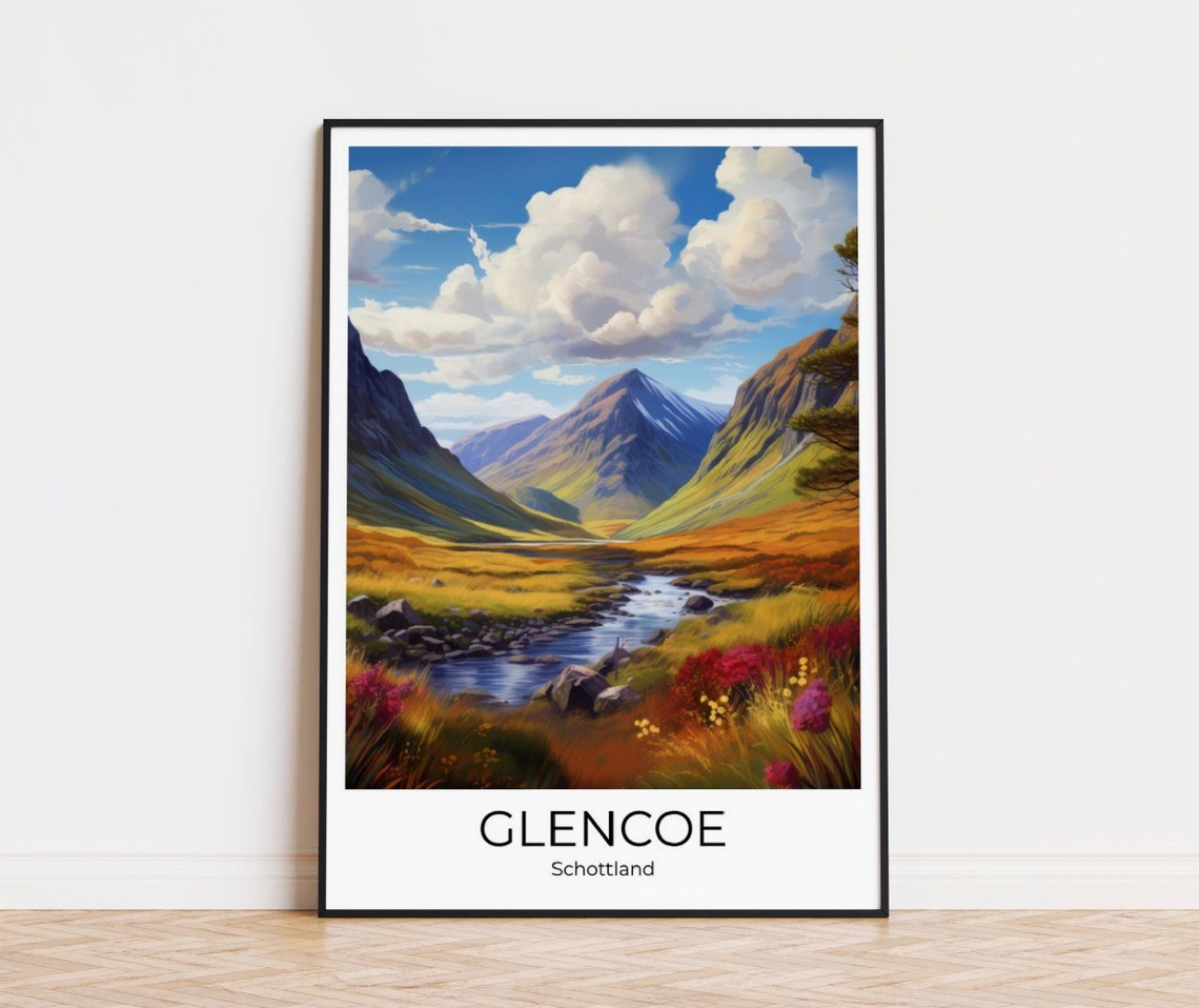 Glencoe Scotland Highlands Valley River and Wildflowers Travel Poster