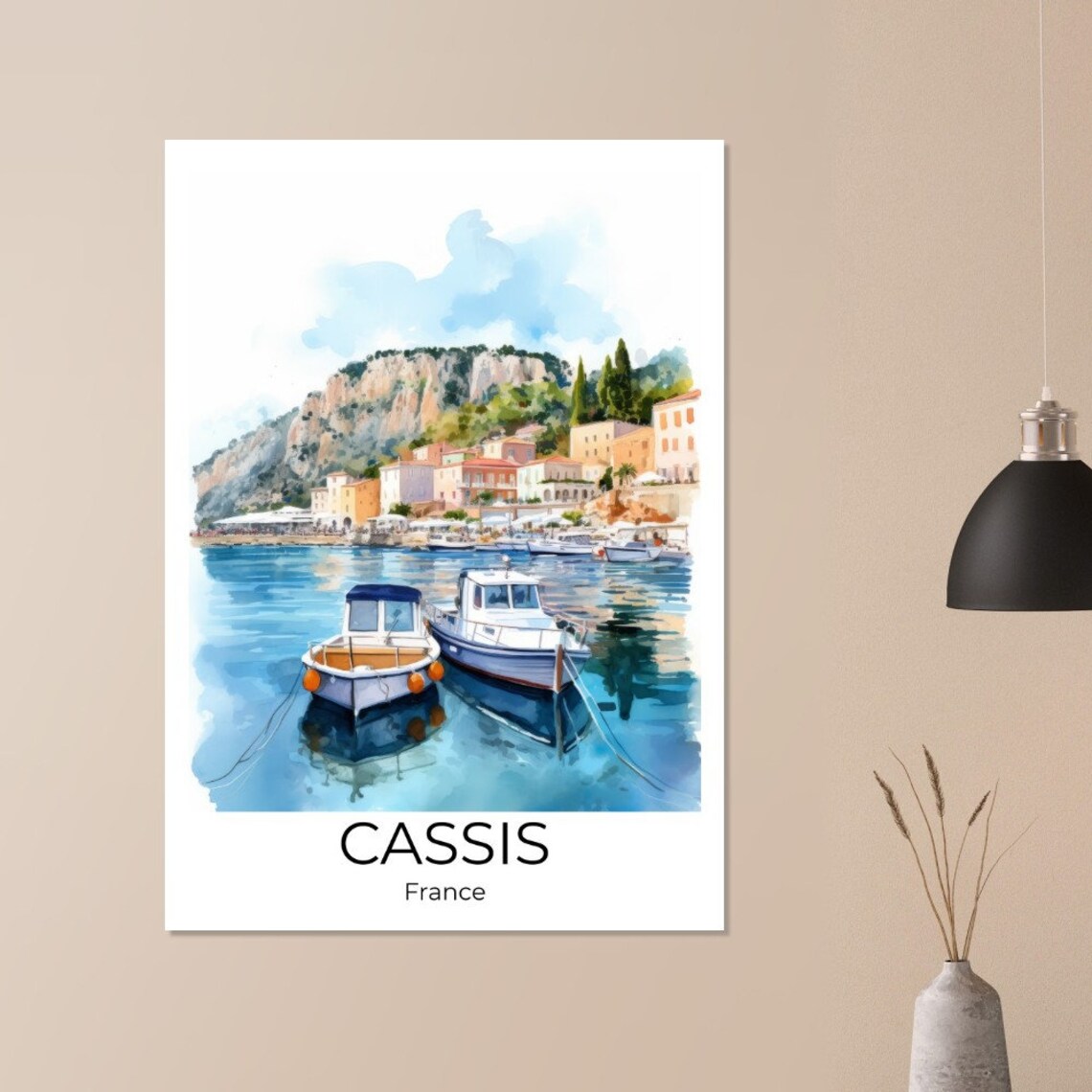 Cassis France Harbor Sailboats Watercolor Cliff Town Travel Poster - Image 3