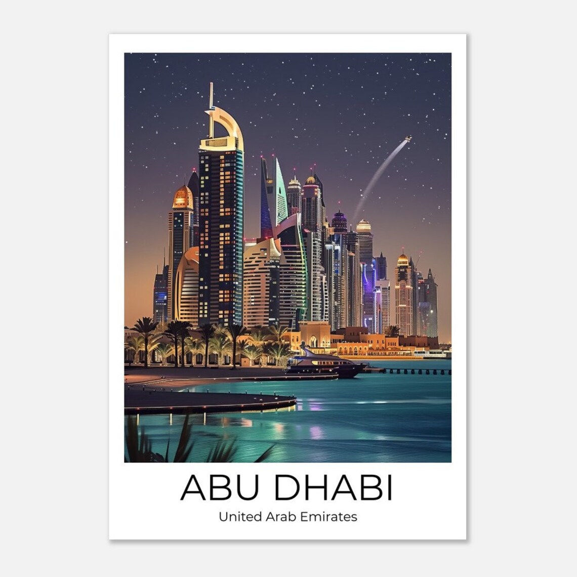 Abu Dhabi Marina Night with Luxury Yacht Starry Sky Travel Poster