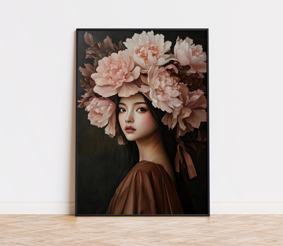 Elegant Peony Flower Portrait Wall Art Asian Woman Pink Blossoms
