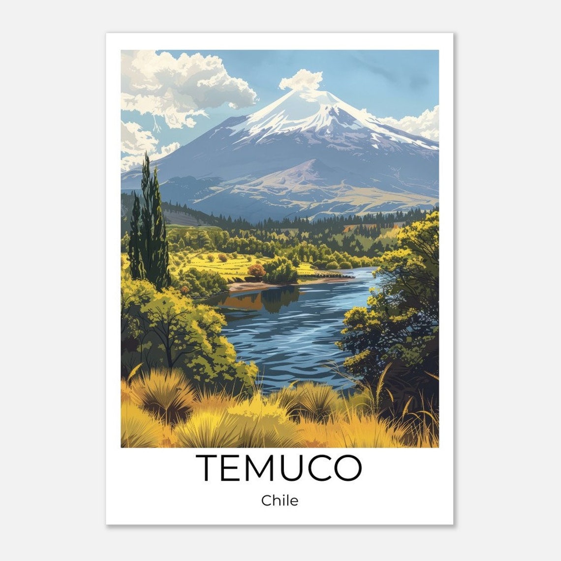 Temuco Chile Snowy Volcano River Golden Meadow Landscape Poster - Image 2