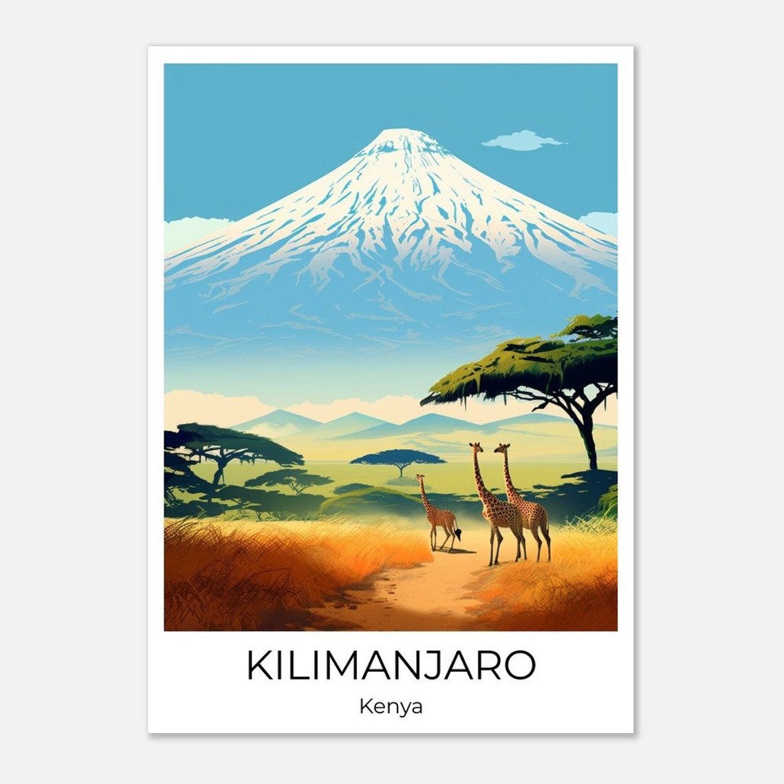 Kilimanjaro Kenya Giraffes and Acacia Trees Under Snow Peak Poster - Image 3