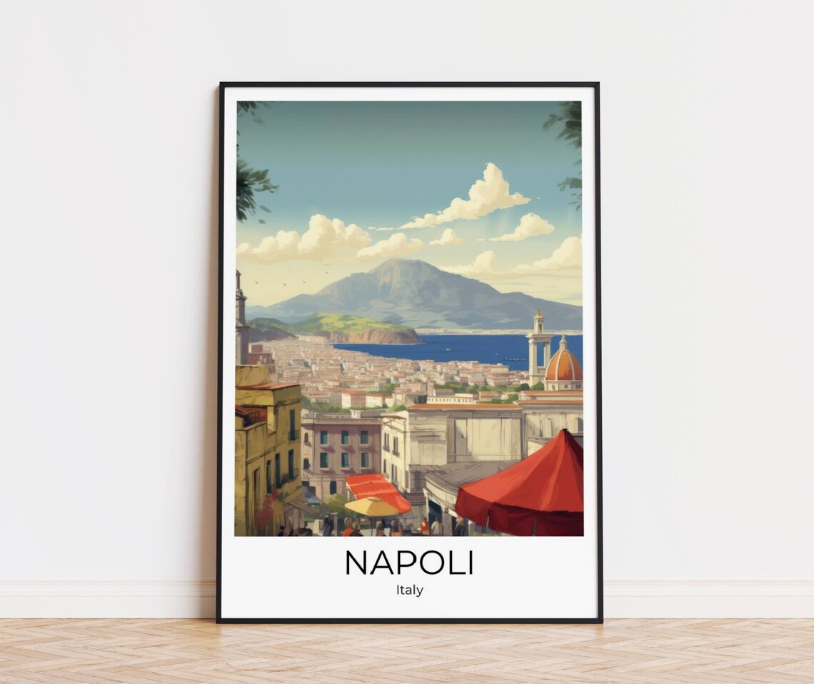 Napoli Italy City Panorama Vesuvius Market Watercolor Poster