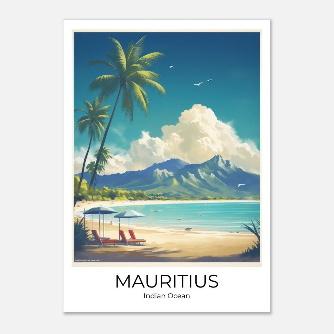 Mauritius Beach Palm Trees Mountain Retro Indian Ocean Travel Poster - Image 2