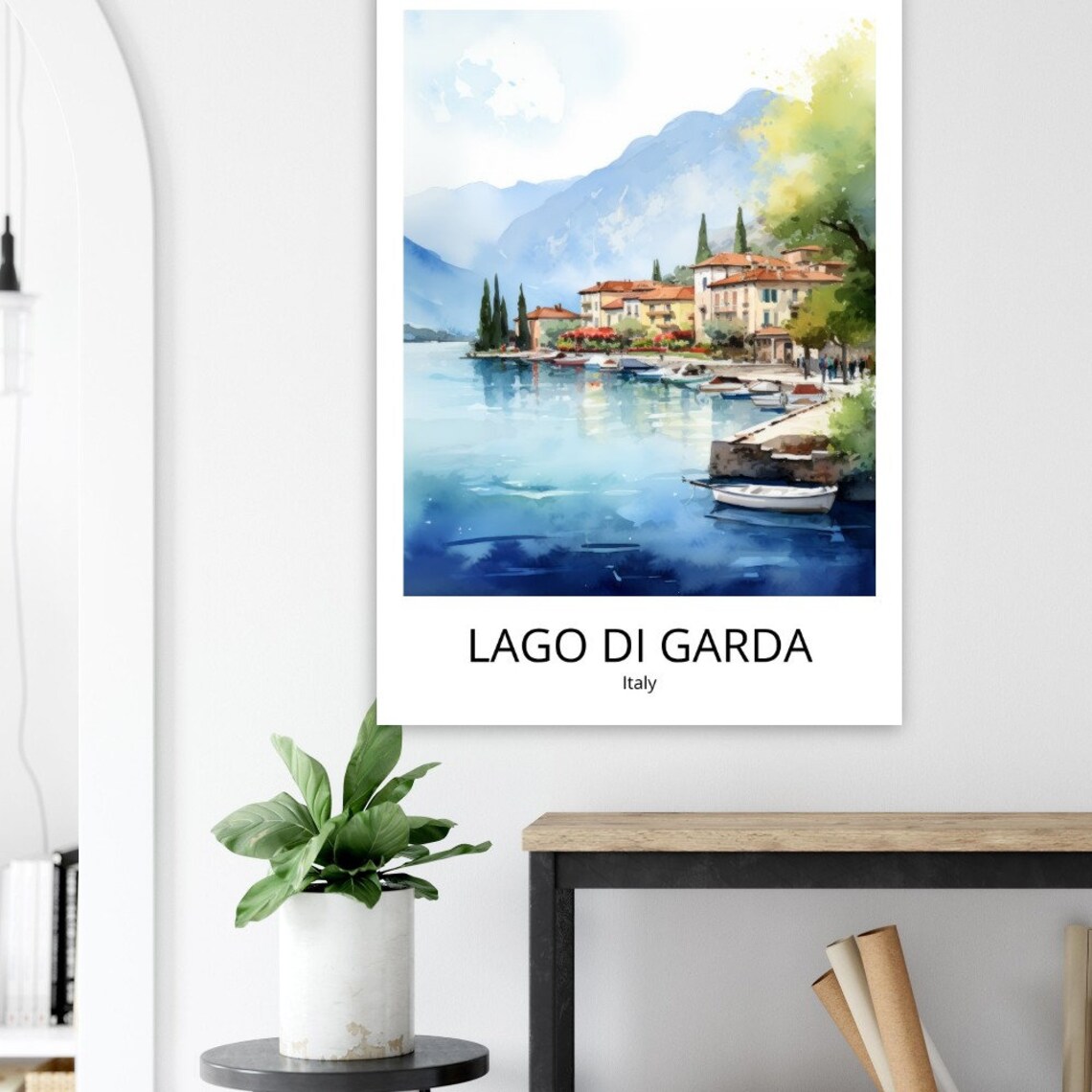 Lago di Garda Italy Lake Village Watercolor Boats Scene Poster - Image 3