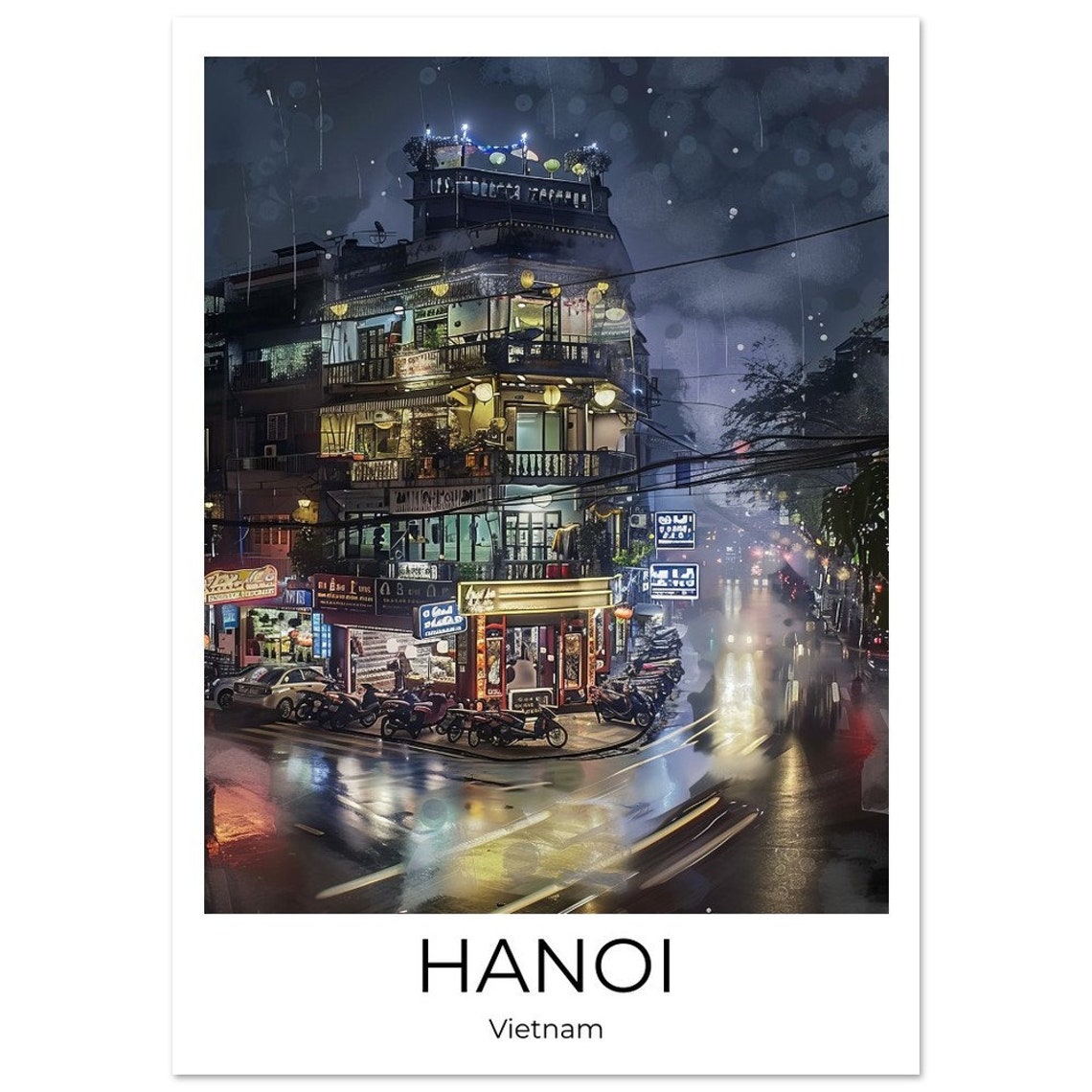 Hanoi At Night Watercolor Travel Poster Of Hanoi Wall Art Hanoi Travel Vietnam Hanoi Wall Decoration - Image 3