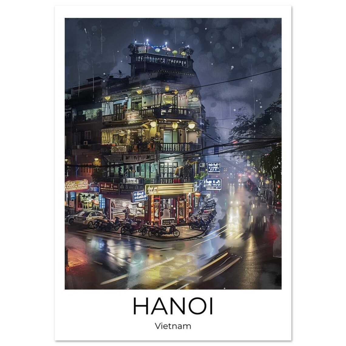Hanoi Vietnam Rainy Night Street Corner Watercolor City Poster - Image 3
