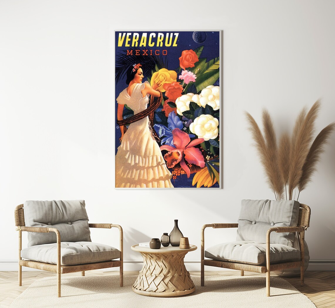 Veracruz Mexico Woman White Dress Night Flowers Vintage Travel Poster - Image 3