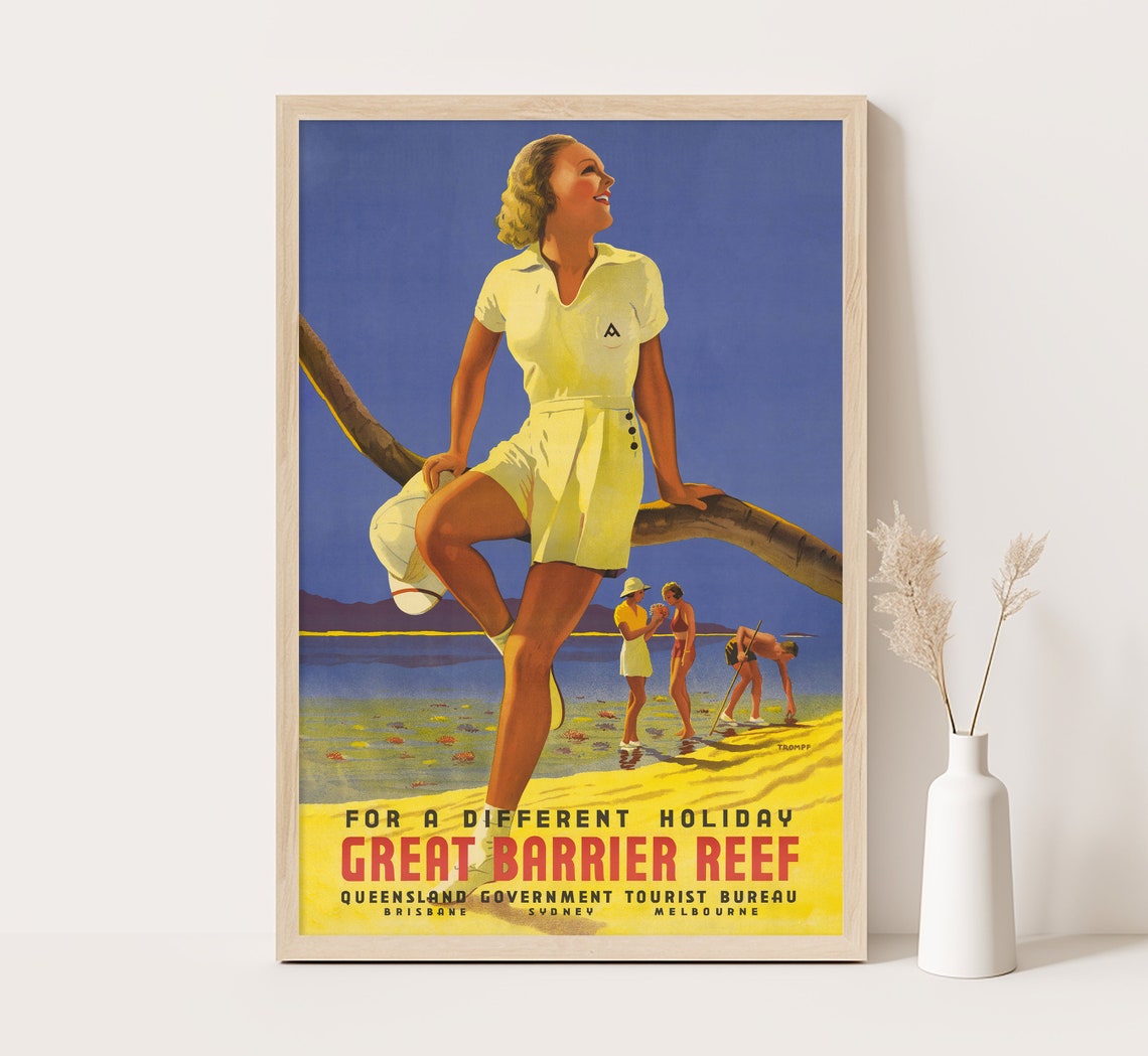 Great Barrier Reef Queensland Vintage Beach Holiday Travel Poster Art