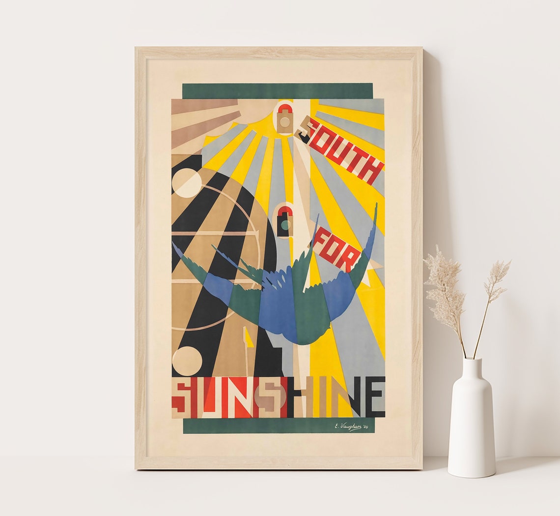 South For Sunshine Swallow Cubist Kauffer Vintage Travel Poster