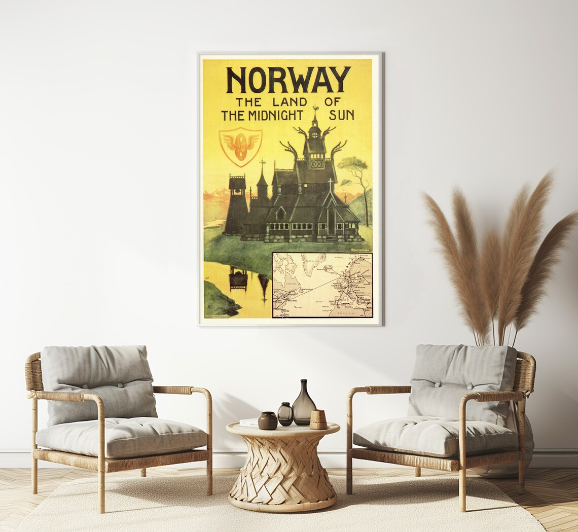 Norway Land Of Midnight Sun Stave Church Golden Vintage Travel Poster - Image 3