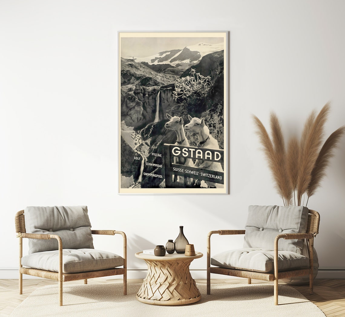 Gstaad Switzerland Goats Alpine Waterfall Vintage Travel Poster - Image 3