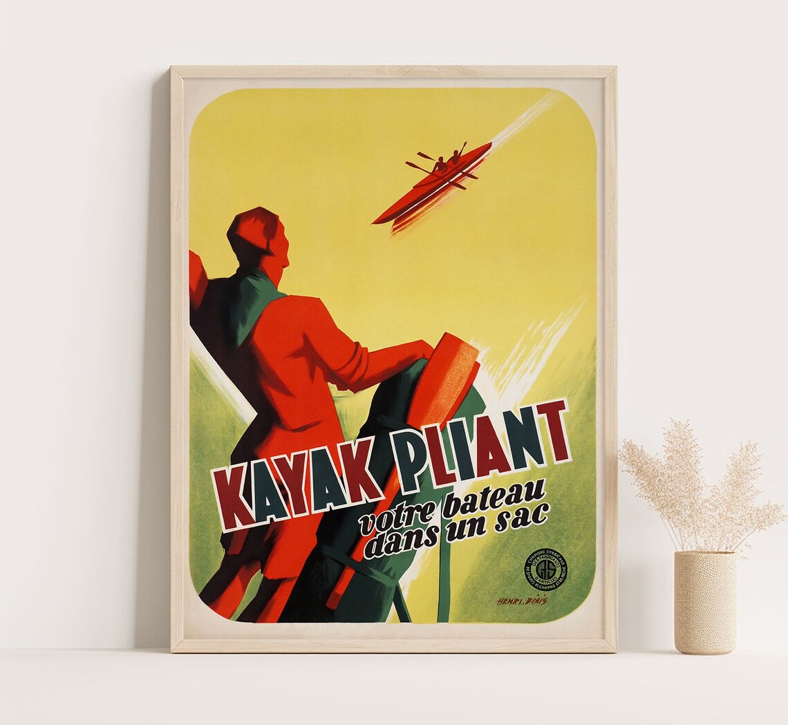 Kayak Pliant French Folding Kayak Red Speed Graphic Vintage Poster