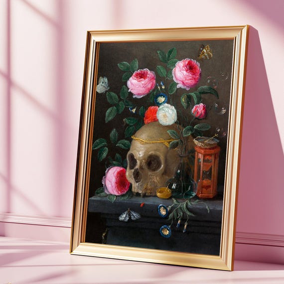 Vanitas Skull Art Print With Roses And Hourglass Gothic Still Life Wall Decor Memento Mori Painting For Dark Homes