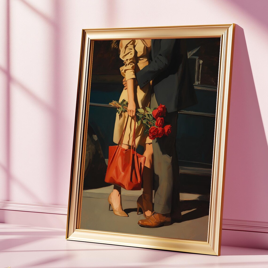Romantic Couple Embrace Red Roses Vintage Elegant Lovers Art Poster