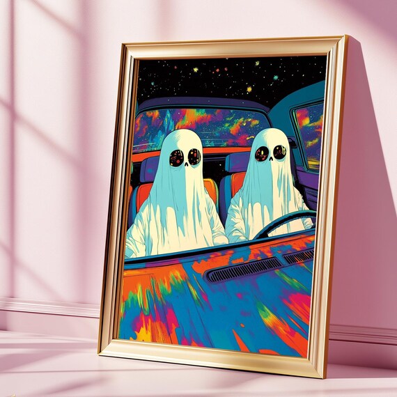 Psychedelic Ghost Roadtrip Cosmic Spirits Retro Car Night Art Poster