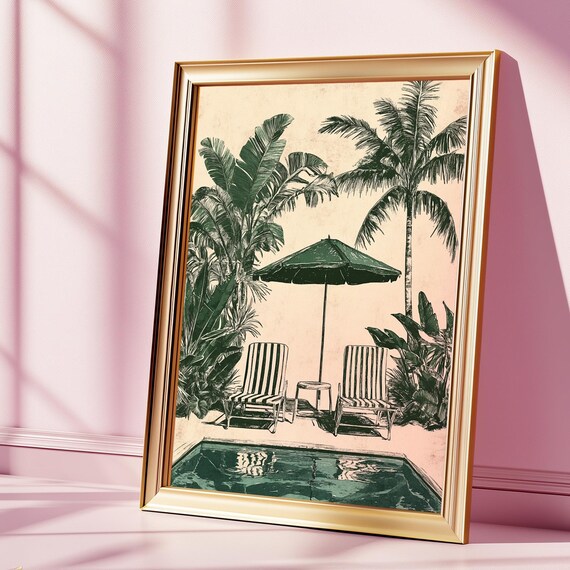 Tropical Poolside Wall Art Print Retro Summer Greenery Illustration Minimal Beach Vibe Decor Palm Tree Pool Lounge Vintage Poster