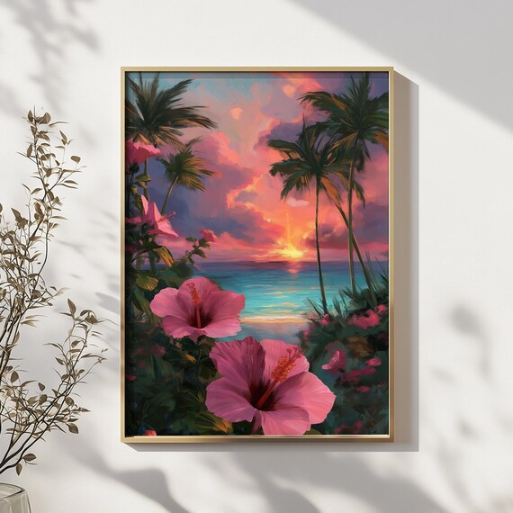Pink Floral Sunset Seascape Canvas Print Tropical Hibiscus Beach Wall Art Relaxing Landscape Decor