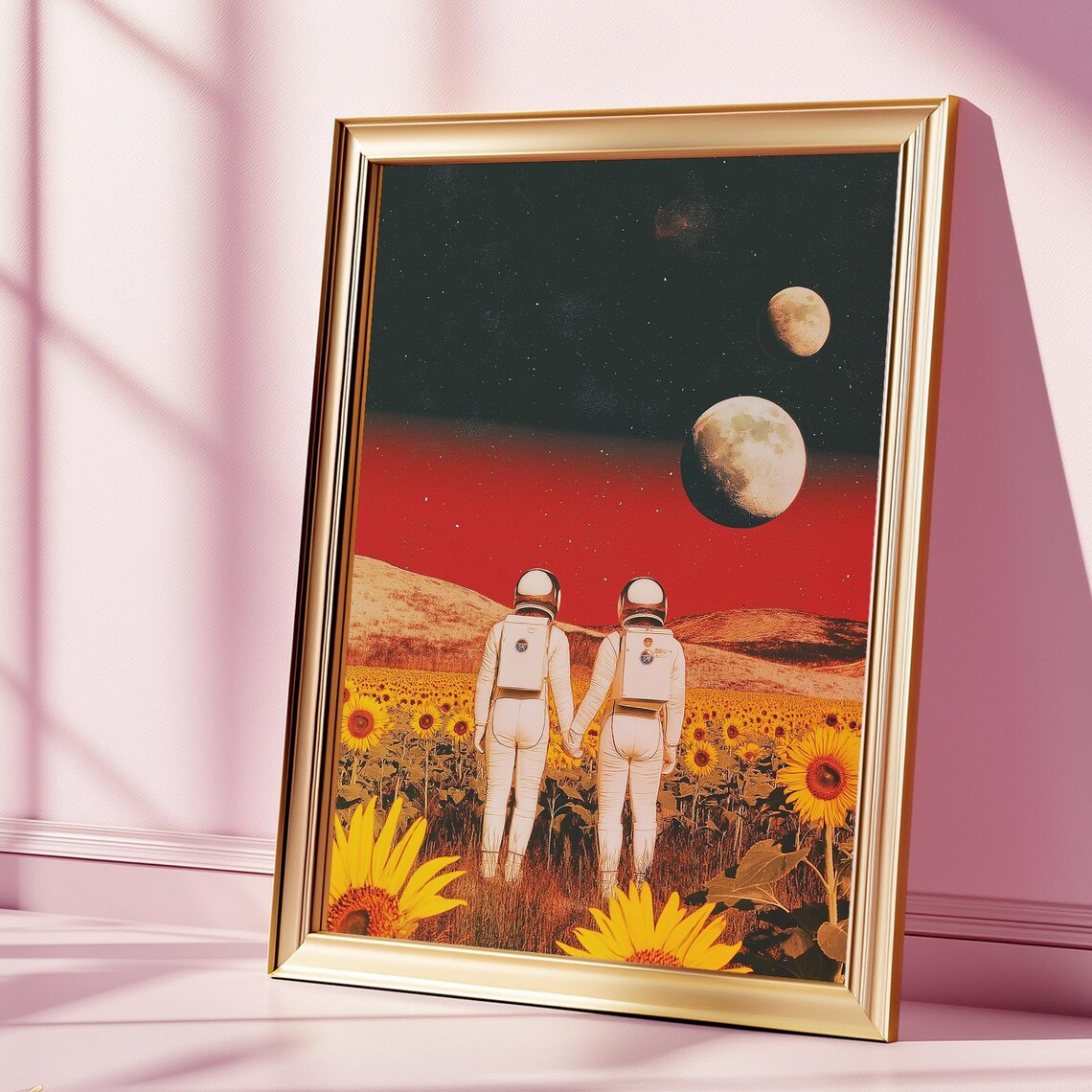 Astronaut Couple Sunflower Field Red Sky Romantic Space Poster
