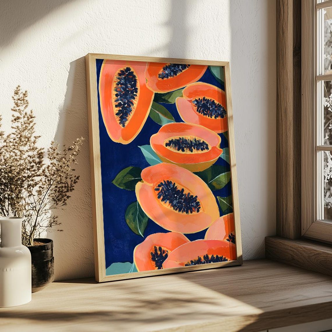 Tropical Papaya Slices Pattern Navy Retro Kitchen Art Poster