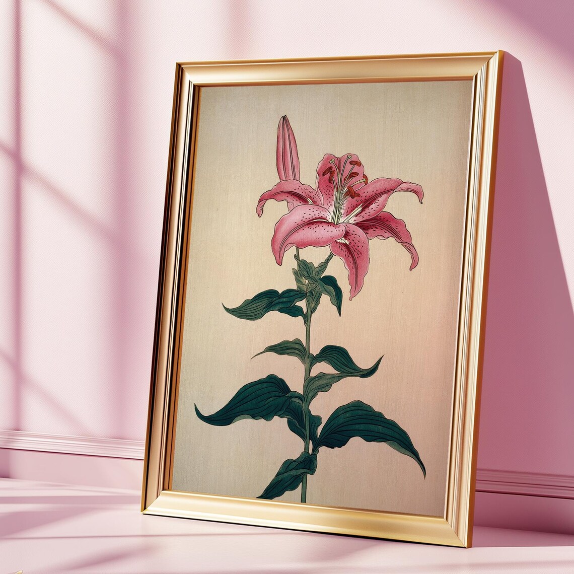 Vintage Japanese Pink Lily Botanical Oriental Floral Art Poster