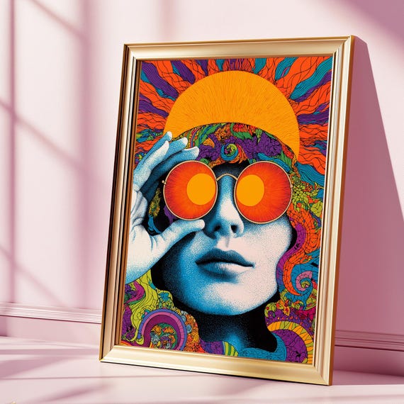 Psychedelic Hippie Lady Retro Wall Art Sun Goddess Print Colorful 60s Inspired Boho Poster Decor Bold Funky