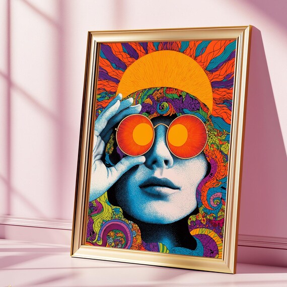 Psychedelic Sun Goddess Retro Hippie Lady Colorful 60s Art Poster