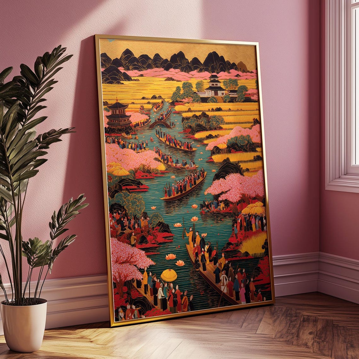 Vietnam River Village Landscape Art Print Traditional Boat Festival Scene Asian Cultural Wall Decor For Travel And Home Gift