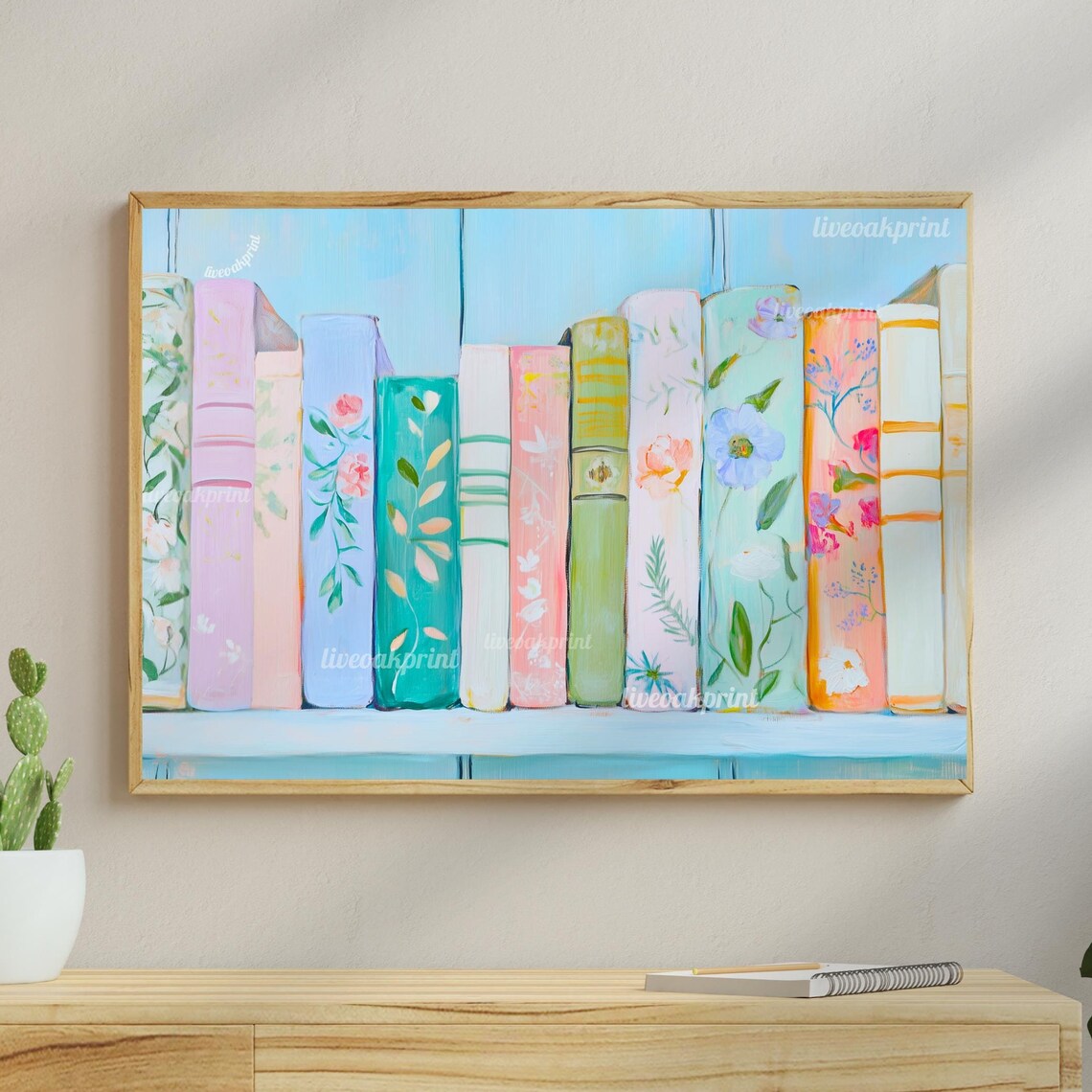 Pastel Floral Bookshelf Painting With Soft Blue And Pink Spines Poster