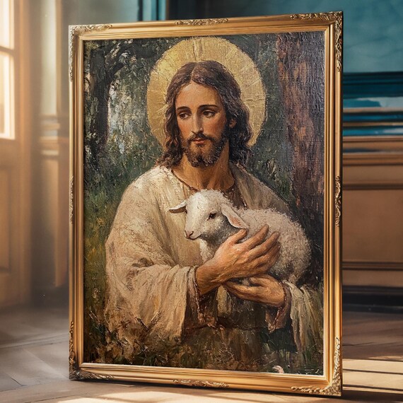 Jesus Christ Holding Lamb Golden Halo Traditional Christian Oil Poster