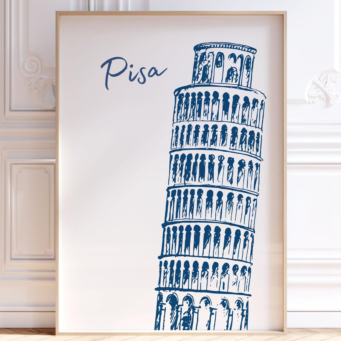 Pisa Italy Leaning Tower Blue Line Art Sketch Vintage Travel Poster