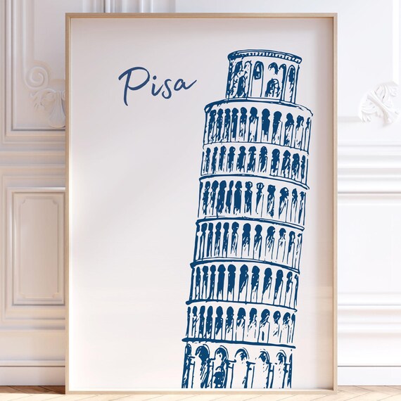 Pisa Italy Leaning Tower Blue Line Art Sketch Vintage Travel Poster