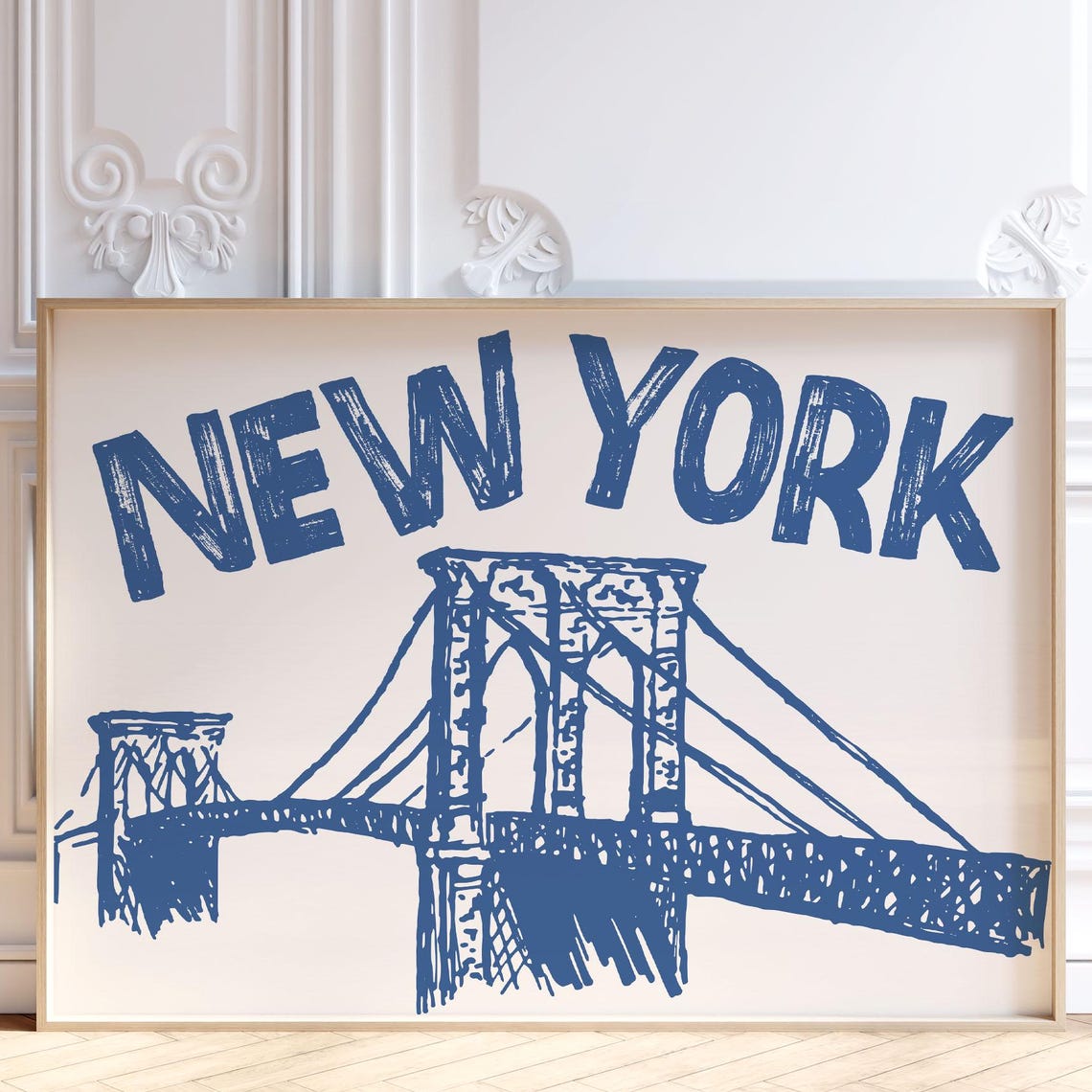 New York Brooklyn Bridge Blue Ink Sketch Style Retro City Poster