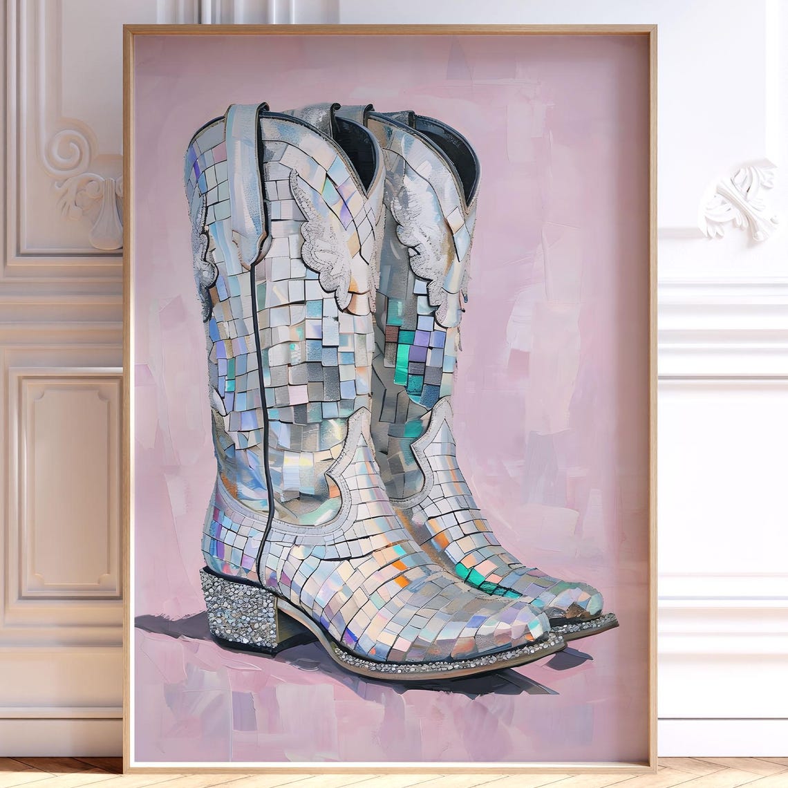 Disco Cowgirl Boots Mirror Ball Pink Maximalist Party Poster