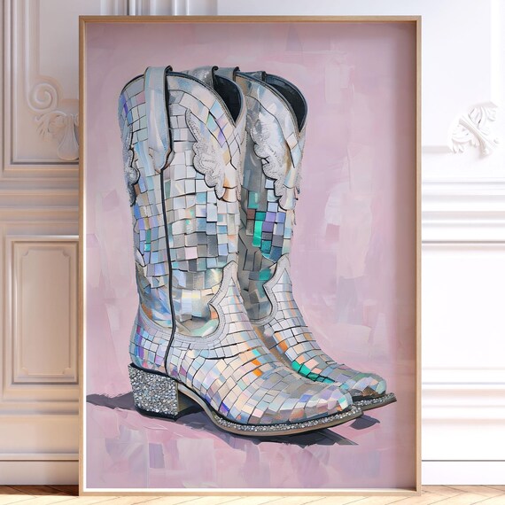 Disco Cowgirl Boots Mirror Ball Pink Maximalist Party Poster