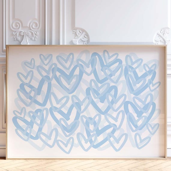 Blue Preppy Hearts Print Trendy Wall Art Girly Dorm Room Decor Apartment Abstract Poster