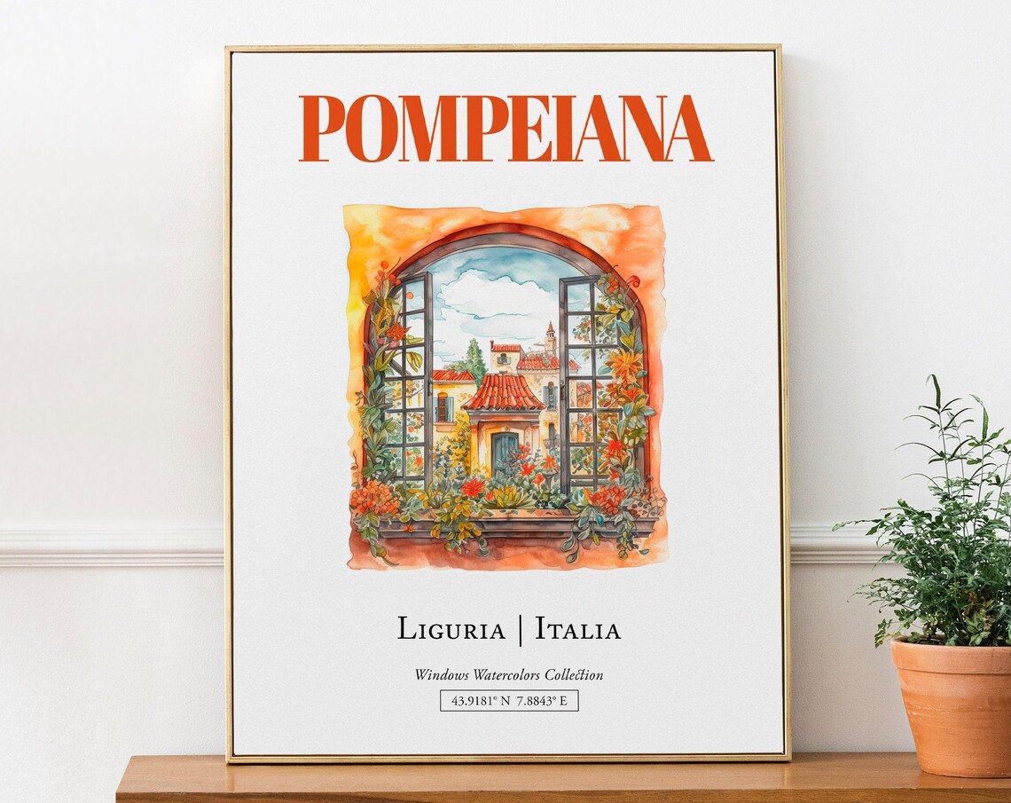 Pompeiana Liguria Italia Travel Poster, Watercolor